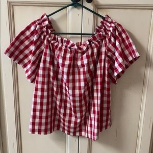 Off the shoulder red and white blouse